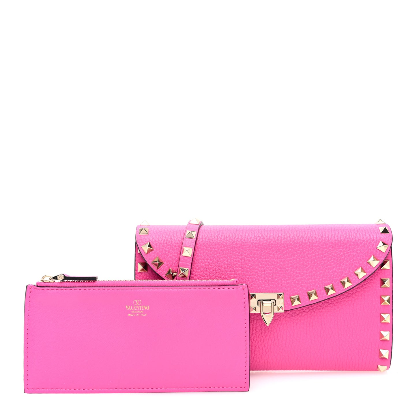 Grainy Calfskin Rockstud Flip Lock Wallet With Chain Pink PP