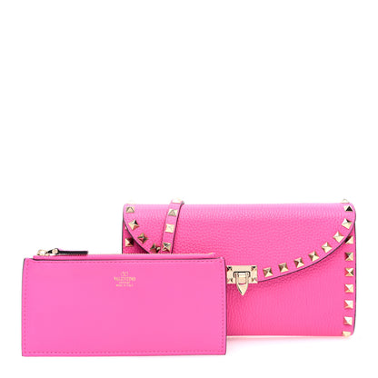 Valentino Garavani Grainy Calfskin Rockstud Flip Lock Wallet With Chain Pink PP 3 of 10