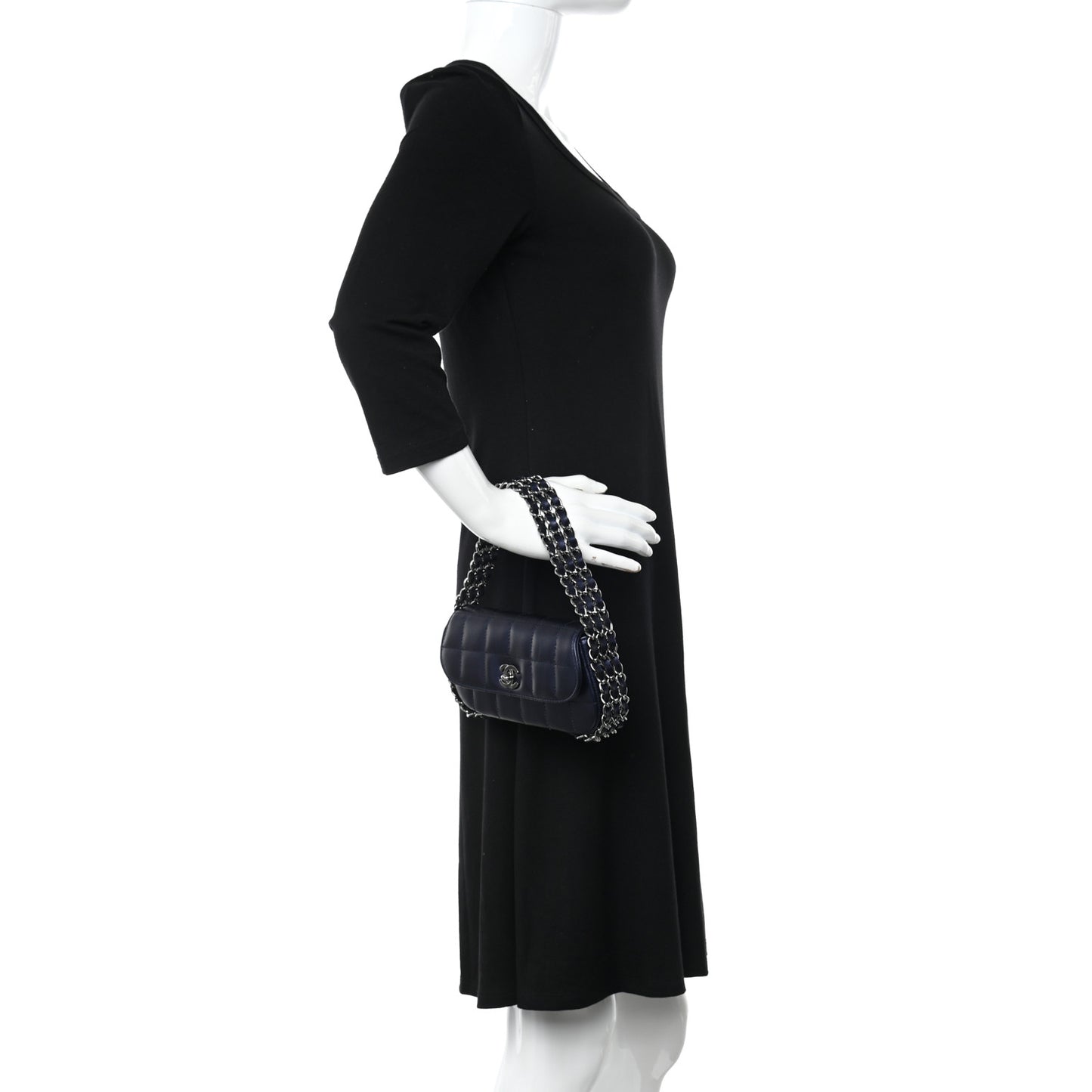 Lambskin Chocolate Bar Quilted 3 Chain Flap Navy Blue