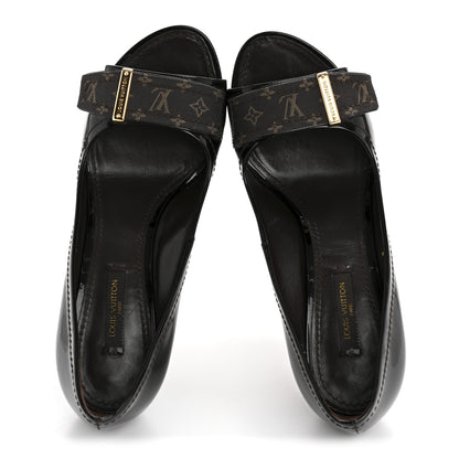 Louis Vuitton Monogram Patent Idylle Buci Open Toe Pumps 36.5 Black Brown 2 of 9