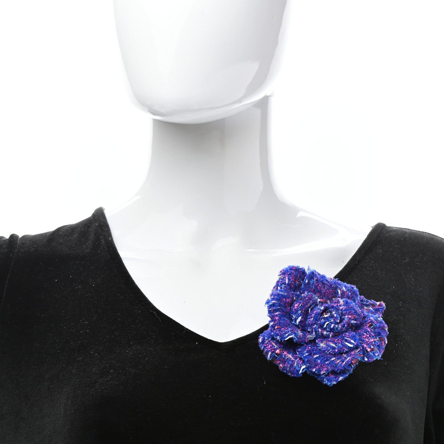Chanel Tweed Camellia Pin Brooch Blue Black Pink 2 of 4