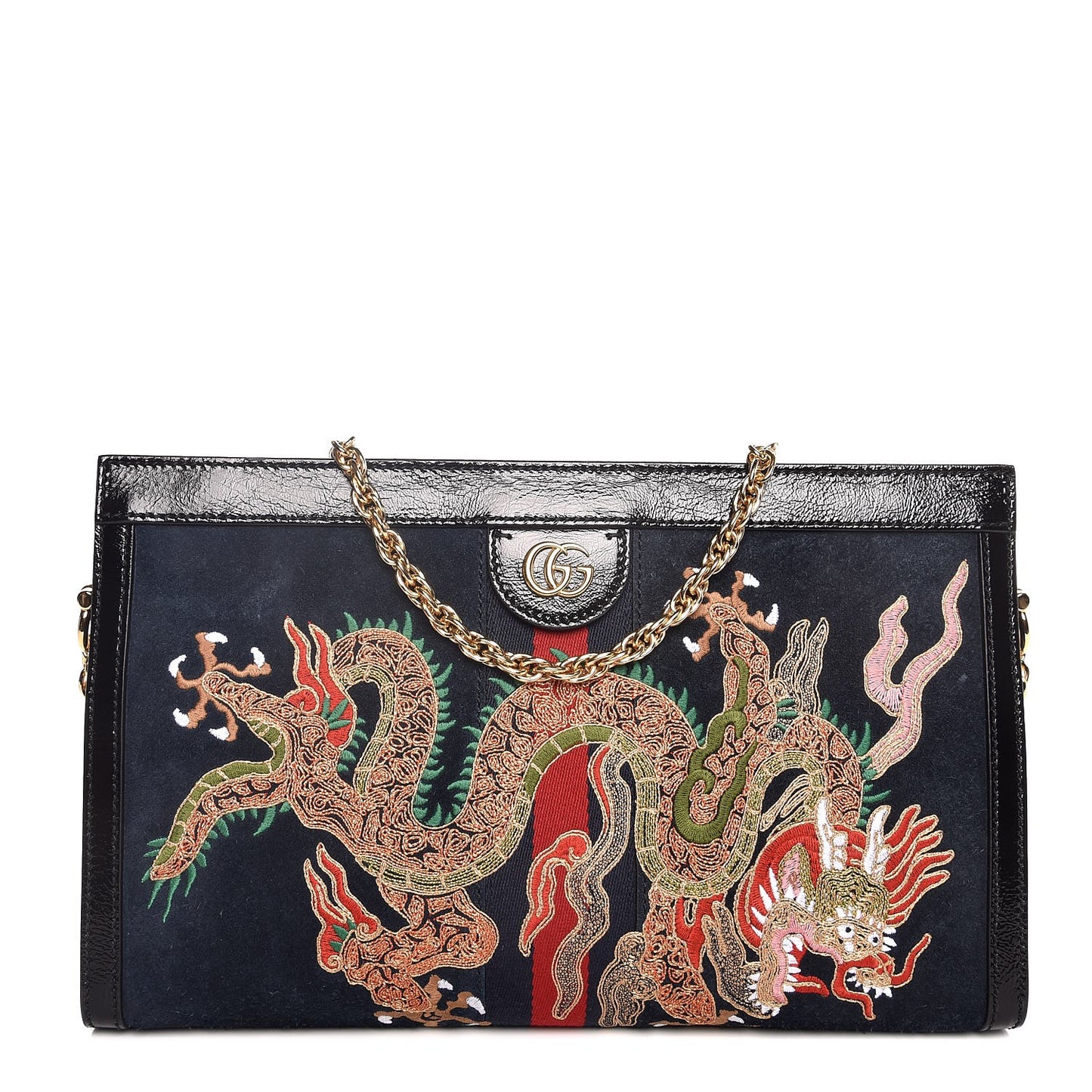 Suede Patent Web Dragon Embroidered Medium Ophidia Chain Shoulder Bag Blue Multicolor Black
