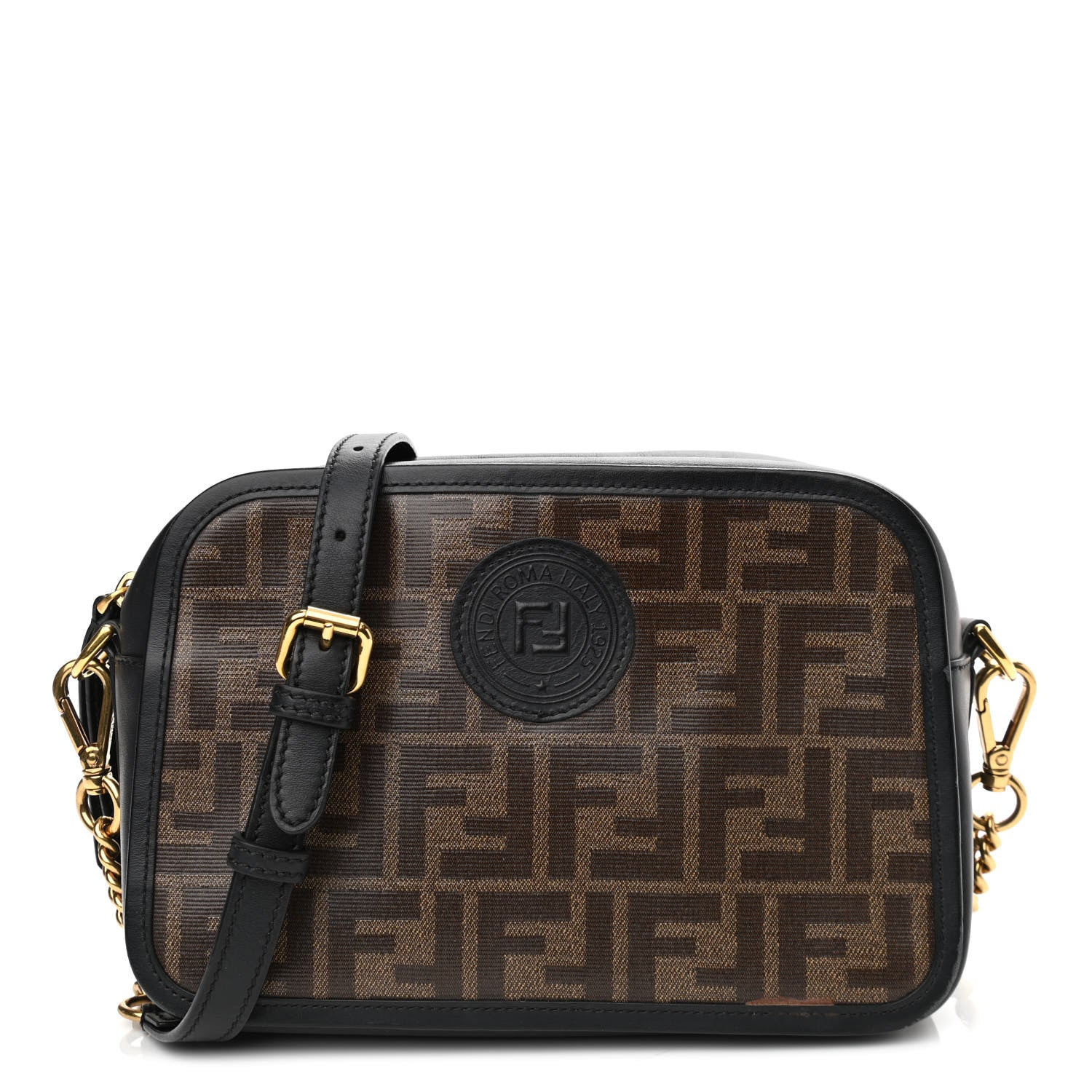 Fendi Glazed Fabric Vitello Century FF 1974 Stamp Patch Camera Case Mogano Panna Black 1 of 10