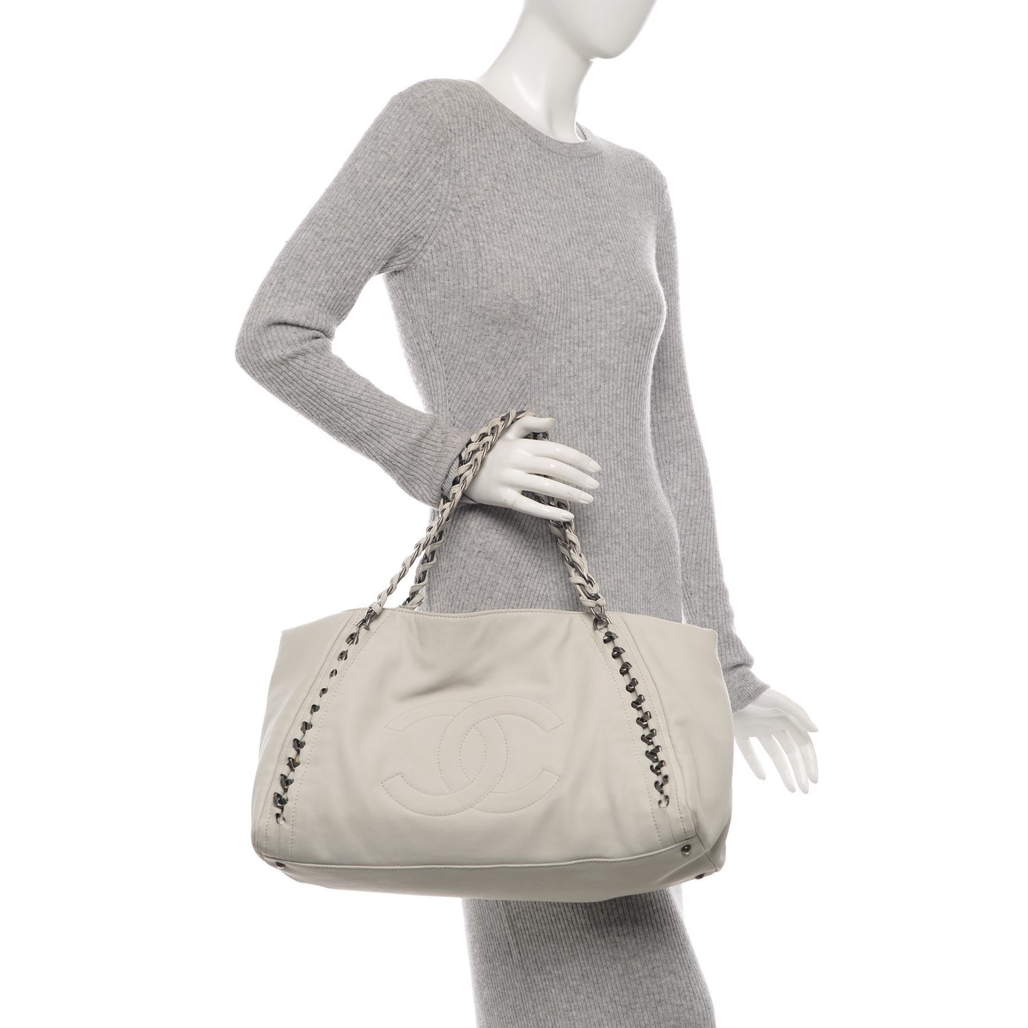 Calfskin Large East West Modern Chain Tote White