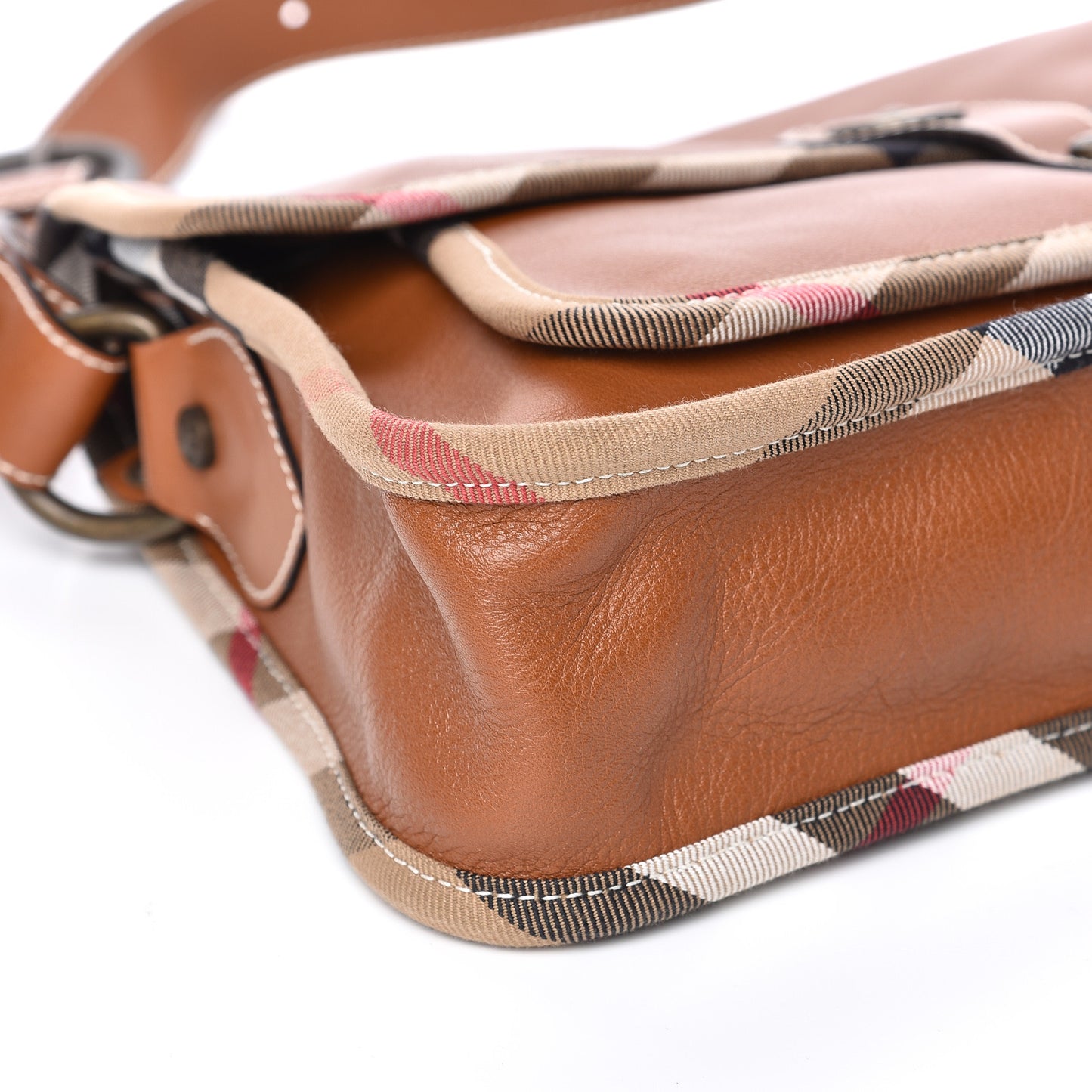 Calfskin House Check Trim Bates Shoulder Bag Cognac