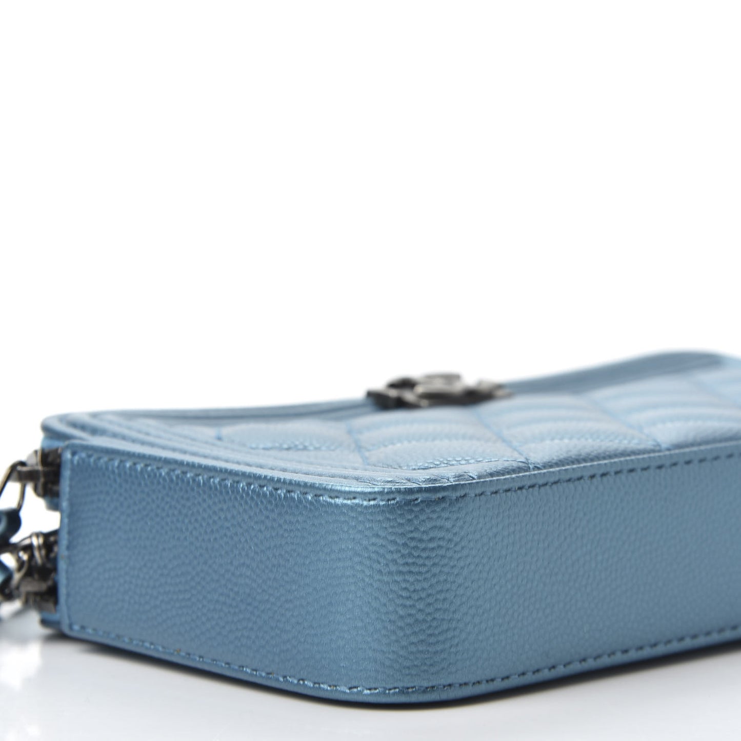 Metallic Caviar Quilted Small Boy Clutch With Chain Turquoise