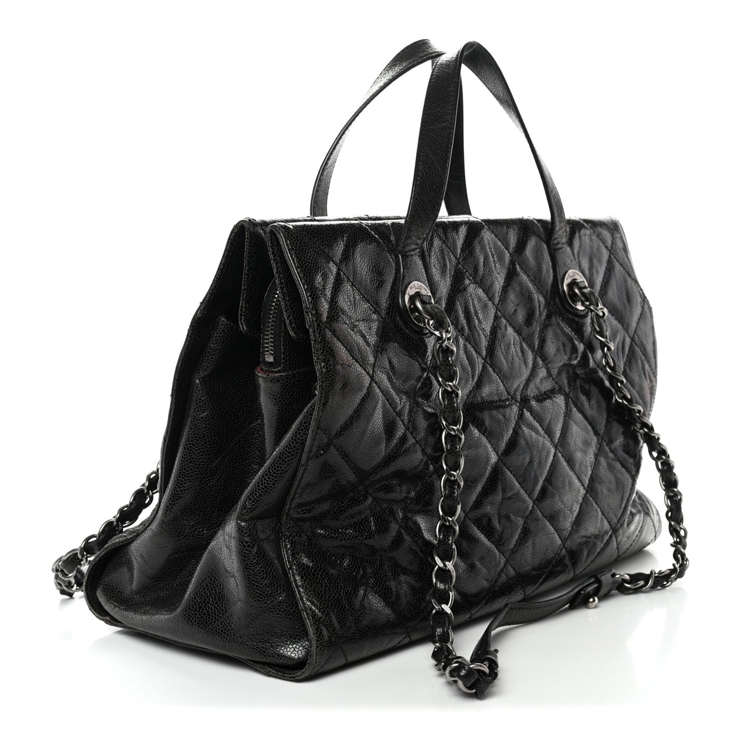 Crumpled Grained Calfskin Quilted CC Crave Tote Black
