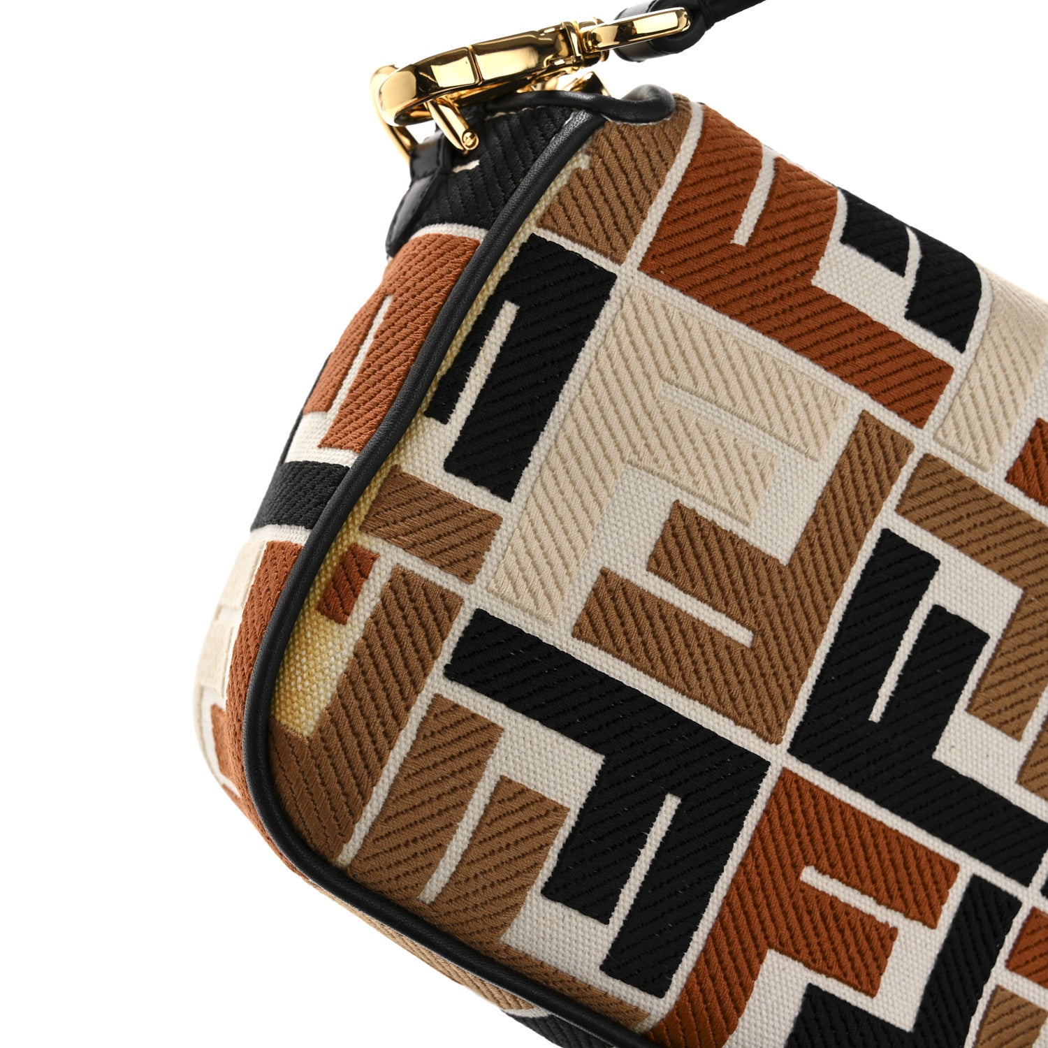 Fendi Canvas Vitello Seta FF Embroidered Baguette Brandy Black 12 of 13