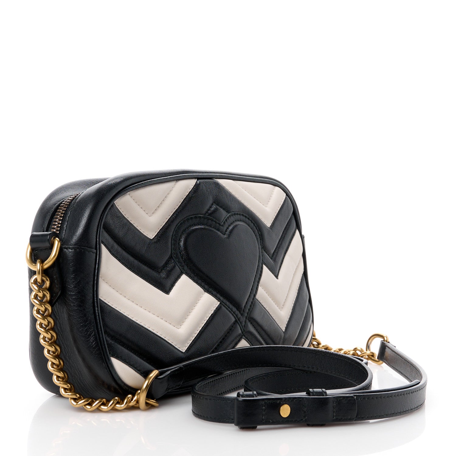 Gucci Calfskin Matelasse Small GG Marmont Chain Shoulder Bag Black White 3 of 11