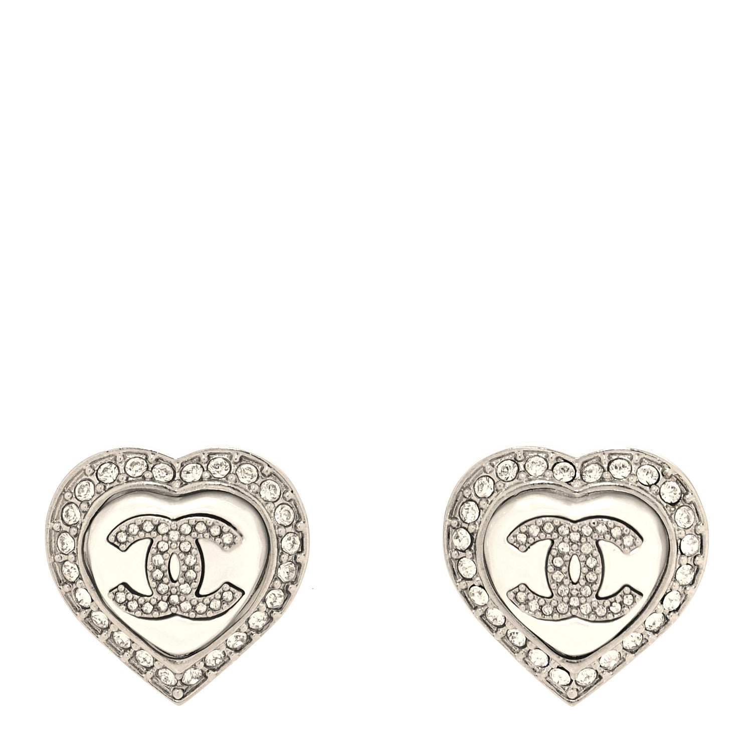 Chanel Pearl Crystal CC Heart Earrings Silver 1 of 4