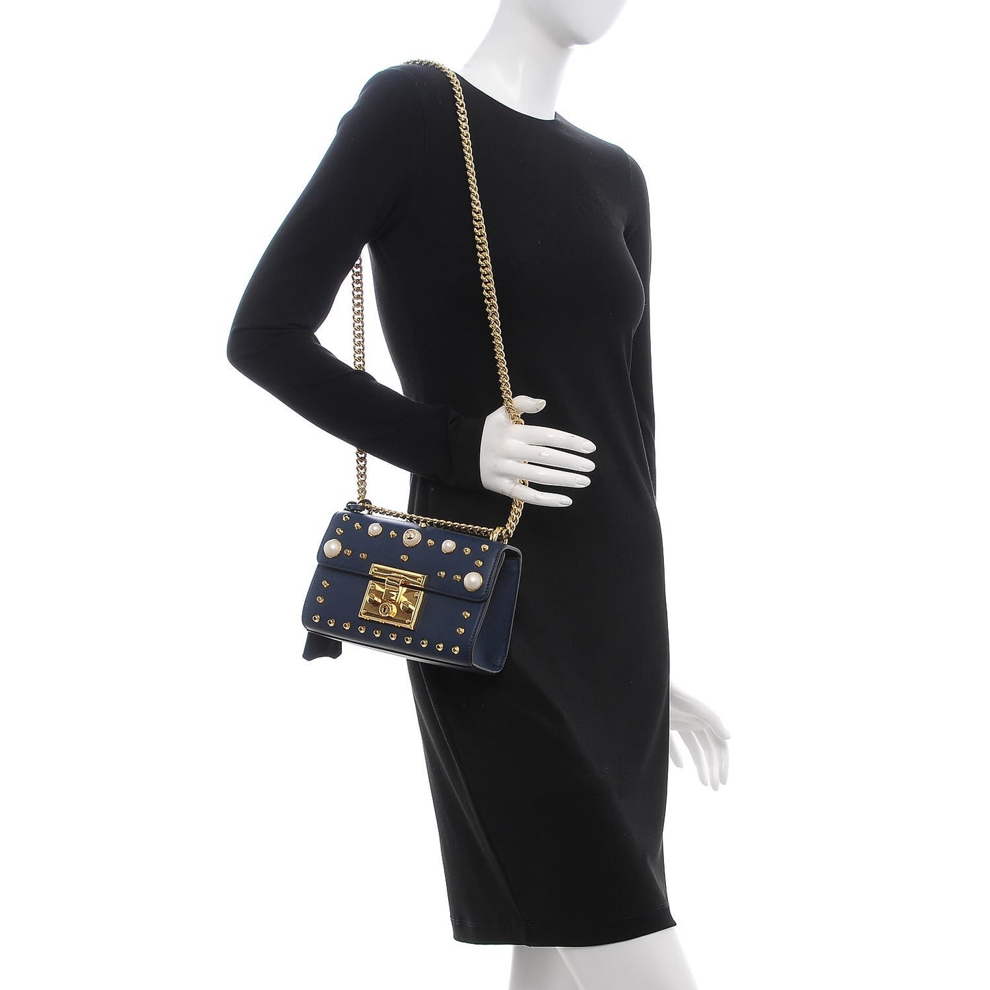 Calfskin Studded Small Padlock Shoulder Bag Blue Agata