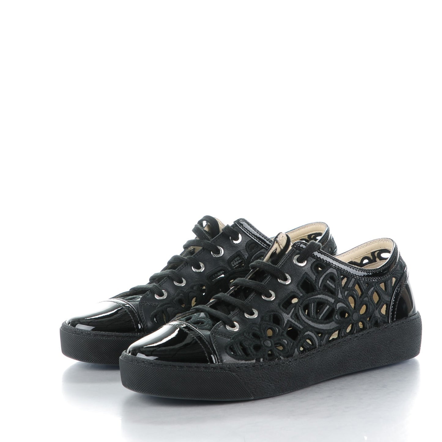 Patent Grained Goatskin Hollow Out Flower Sneakers 38.5 Black