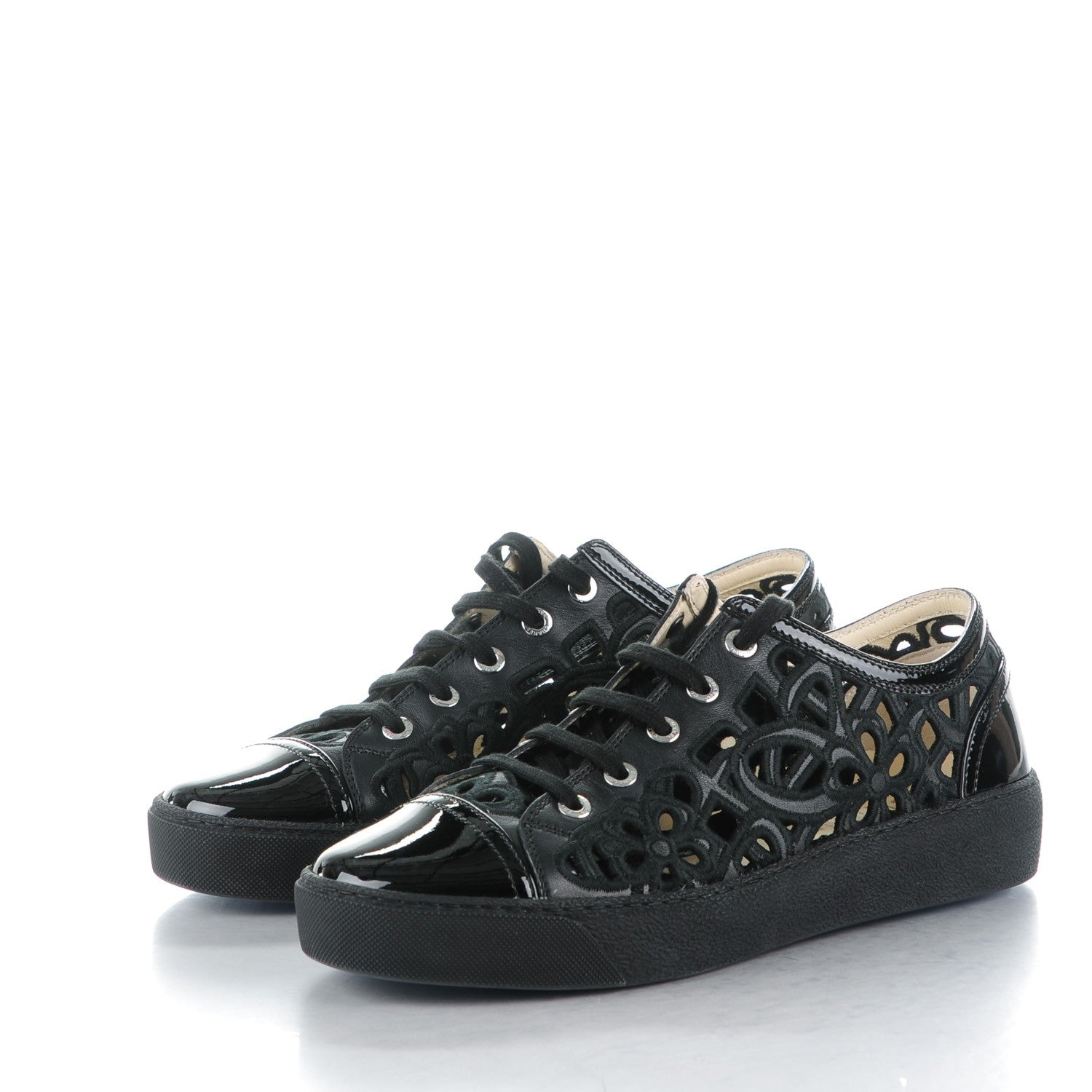 Chanel Patent Grained Goatskin Hollow Out Flower Sneakers 38.5 Black 3 of 9