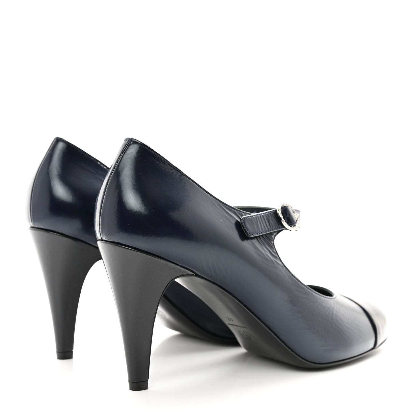 Shiny Goatskin Cap Toe Mary Jane Pumps 42 Navy Blue Dark Grey