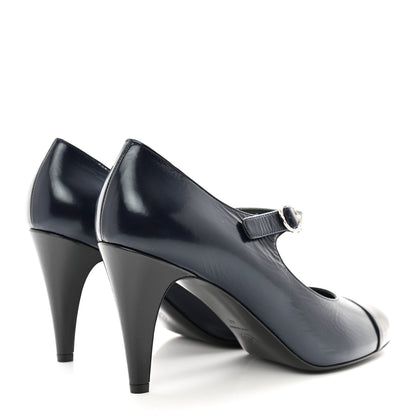 Chanel Shiny Goatskin Cap Toe Mary Jane Pumps 42 Navy Blue Dark Grey 4 of 9