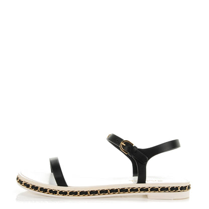 Chanel Calfskin CC Chain Flat Sandals 38 White Black 1 of 7