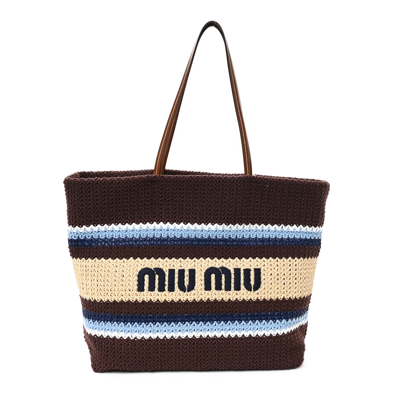 Miu Miu Raffia Crochet Stripe Tote Bag Cacao Celeste Natural 1 of 10