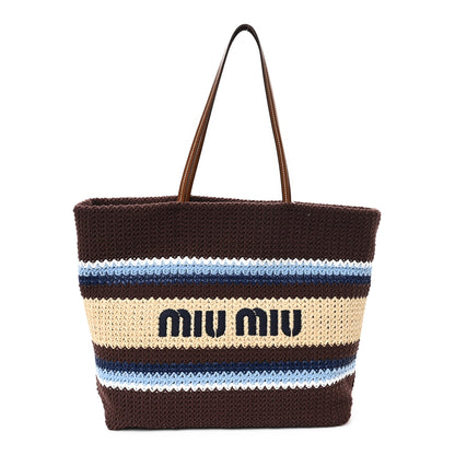 Miu Miu Raffia Crochet Stripe Tote Bag Cacao Celeste Natural 1 of 10