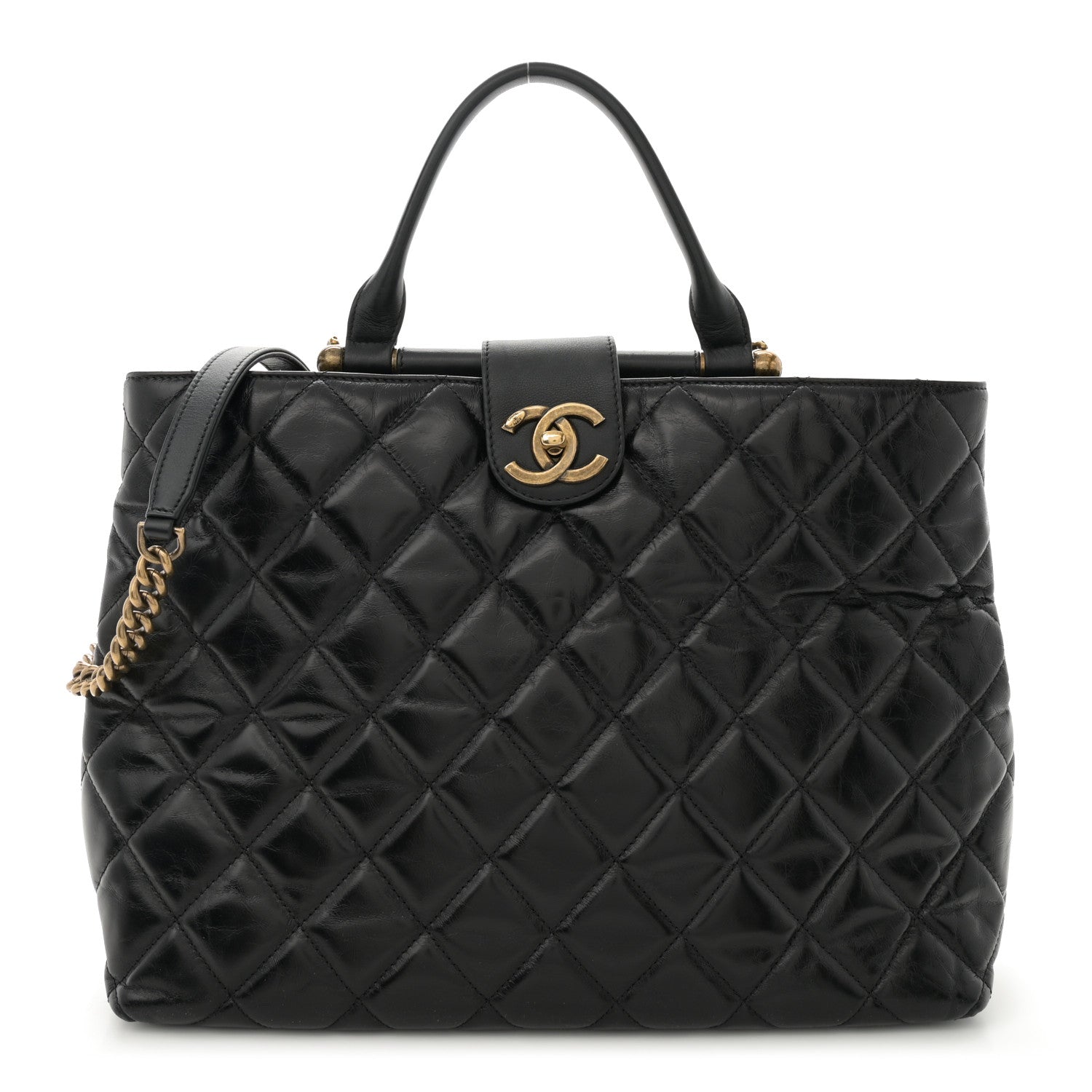 Chanel Glazed Calfskin Quilted Gold Bar Tote Black 1 of 11