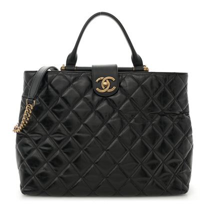 Chanel Glazed Calfskin Quilted Gold Bar Tote Black 1 of 11