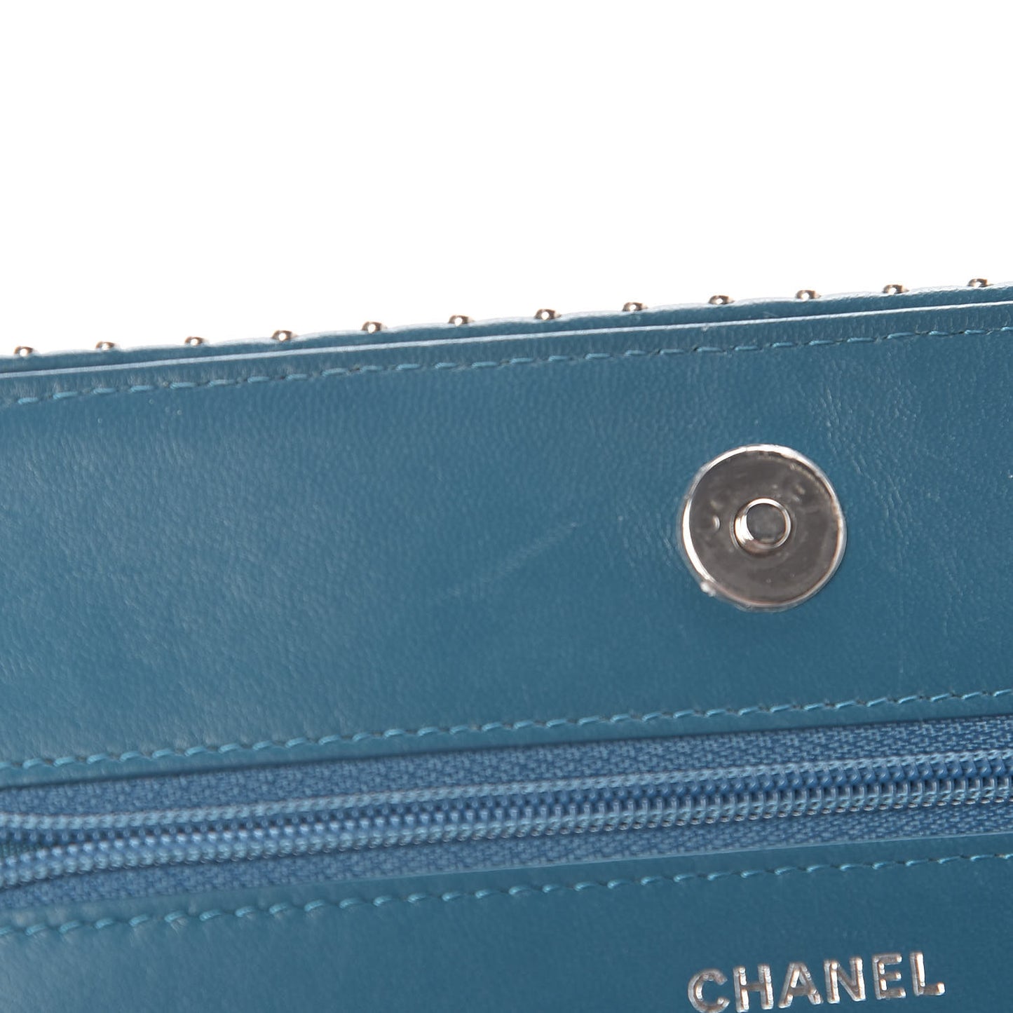 Lambskin Chevron Quilted Studded Wallet On Chain WOC Blue