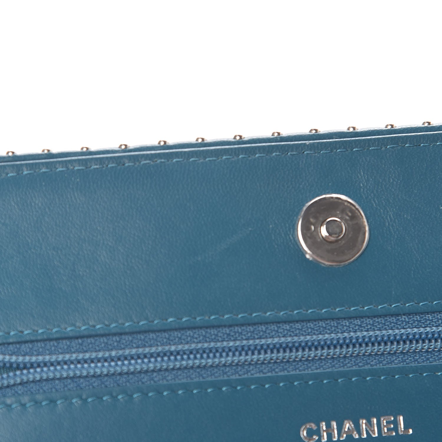 Chanel Lambskin Chevron Quilted Studded Wallet On Chain WOC Blue 14 of 17