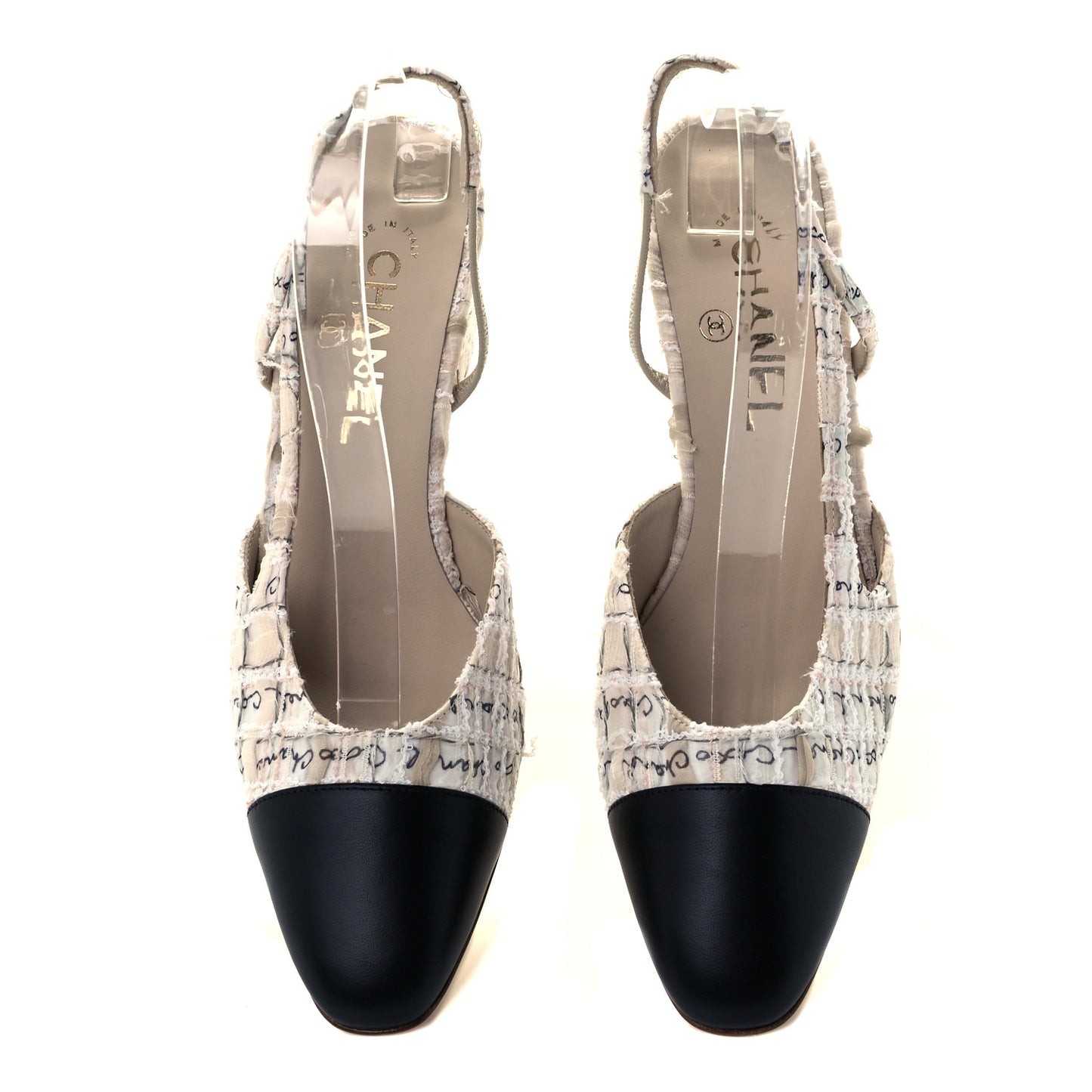 Tweed Lambskin Cap Toe CC Logo Slingback Pumps 39.5 Ivory Black