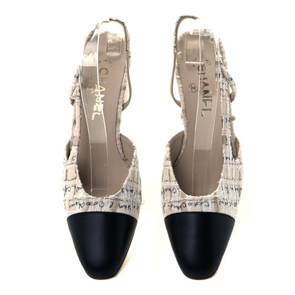 Chanel Tweed Lambskin Cap Toe CC Logo Slingback Pumps 39.5 Ivory Black 4 of 9