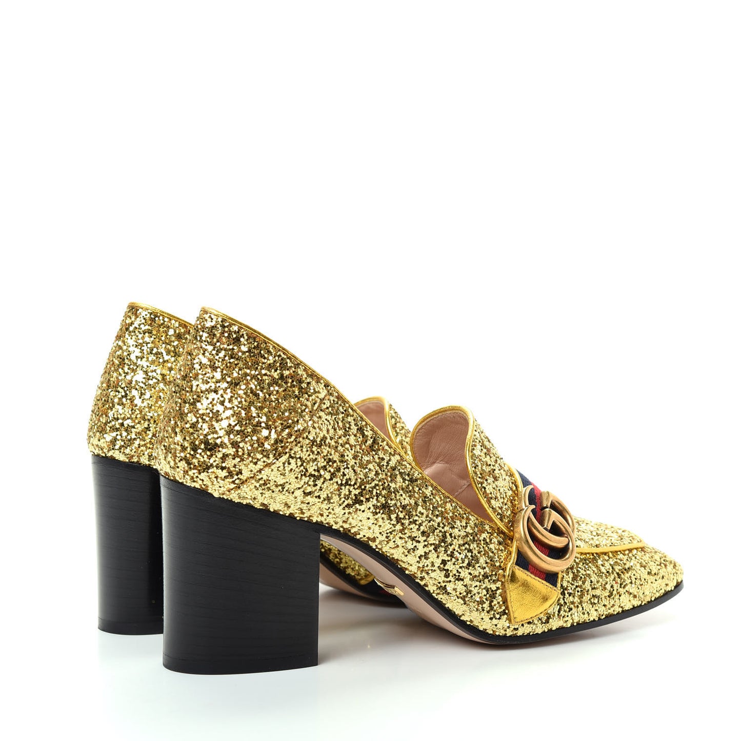 Glitter Nappa Web Peyton 75mm Loafer Pumps 38.5 Oro Vecchio