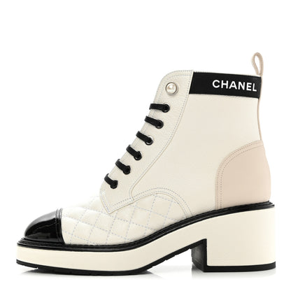 Chanel Pearly Calfskin Patent Calfskin Quilted Lace Up Boots 35 White Light Gray Black 1 of 9