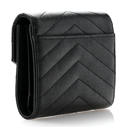 Saint Laurent Grain De Poudre Matelasse Chevron Monogram Compact Tri Fold Wallet Black 3 of 8