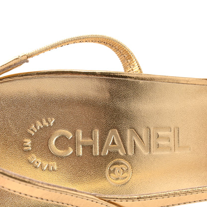 Chanel Laminated Crumpled Lambskin Grosgrain Cap Toe CC Slingback Pumps 39.5 Gold Black 8 of 10