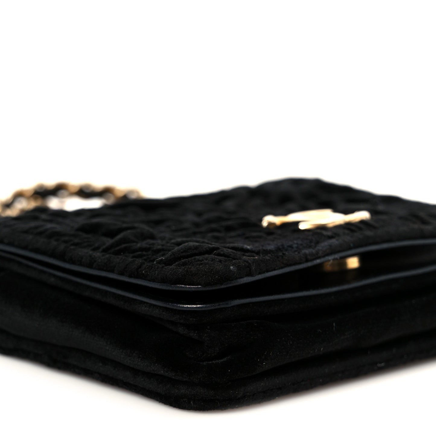 Velvet Quilted Camellia Velvet Flap Coin Purse With Chain Black