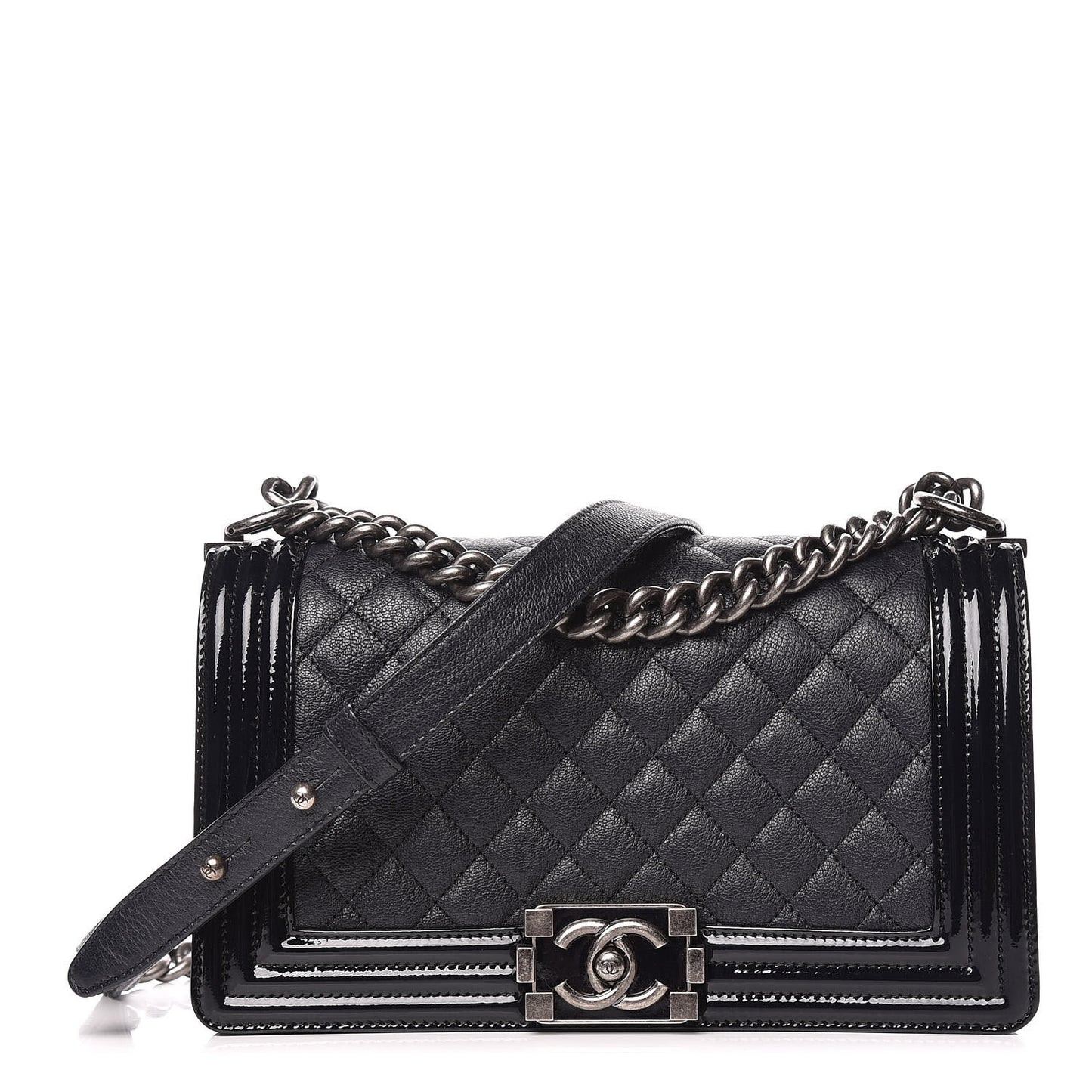 Goatskin Quilted Patent Medium Duo Boy Flap Black
