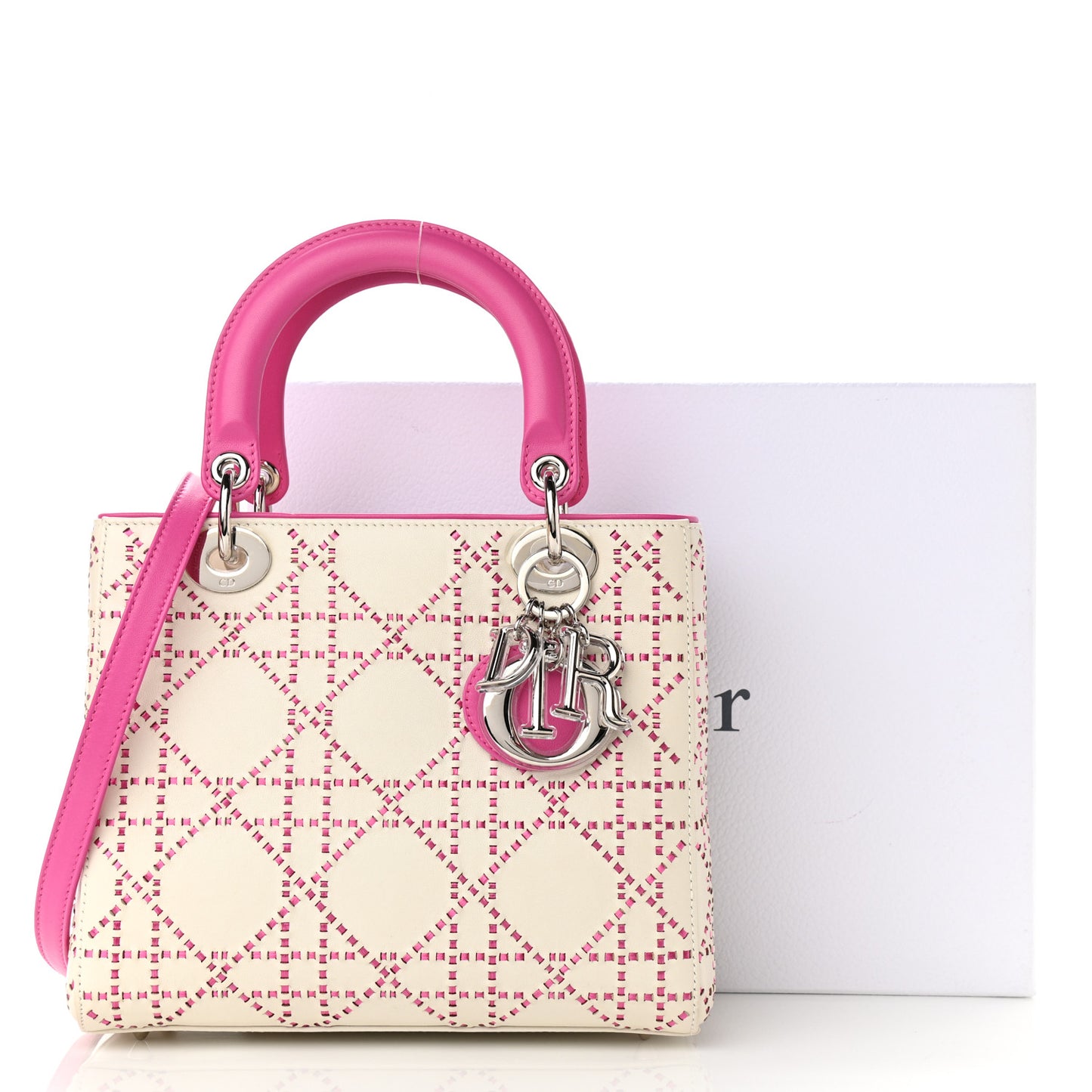 Lambskin Stitched Cannage Medium Lady Dior Pink White