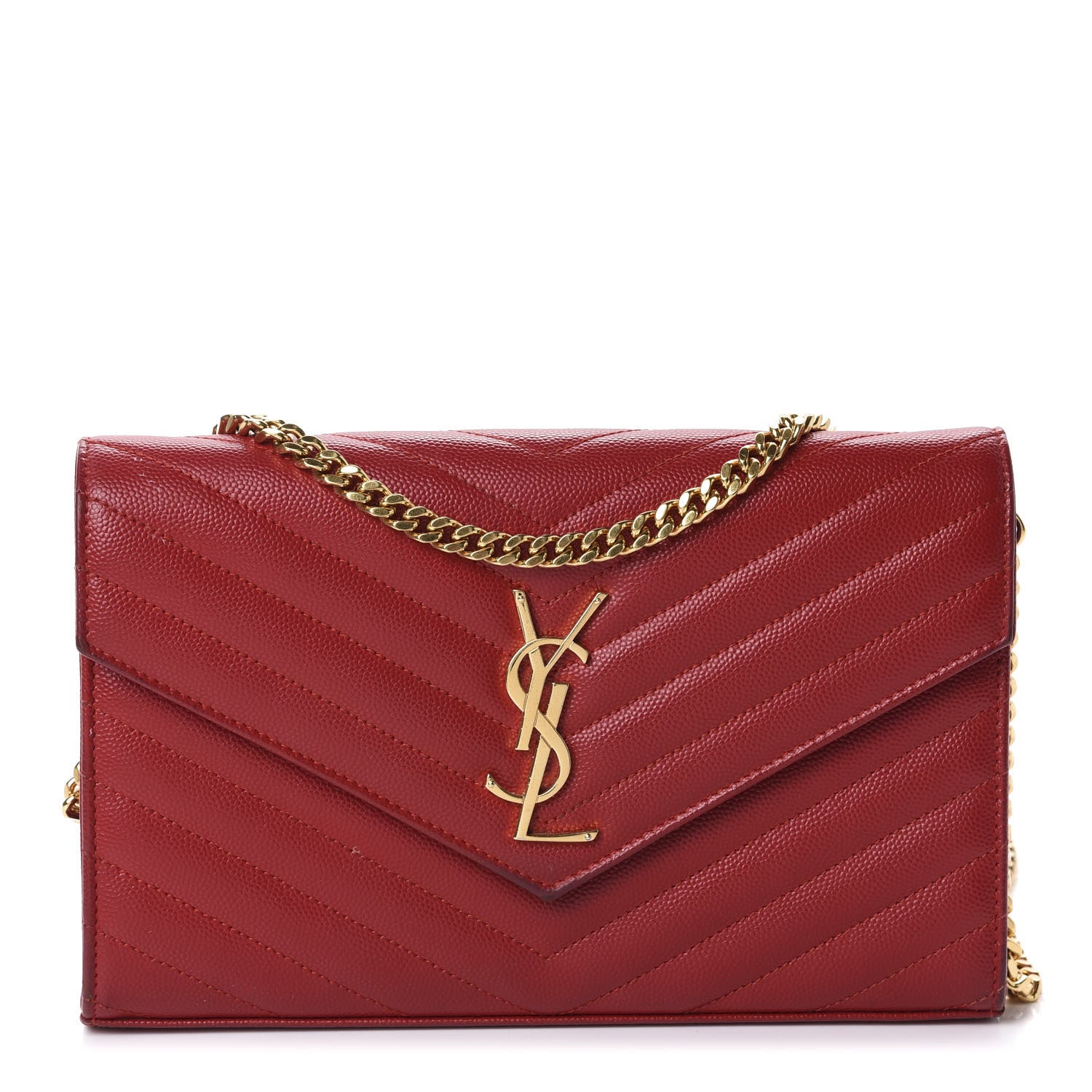 Saint Laurent Grain De Poudre Matelasse Chevron Monogram Chain Wallet Red 1 of 14
