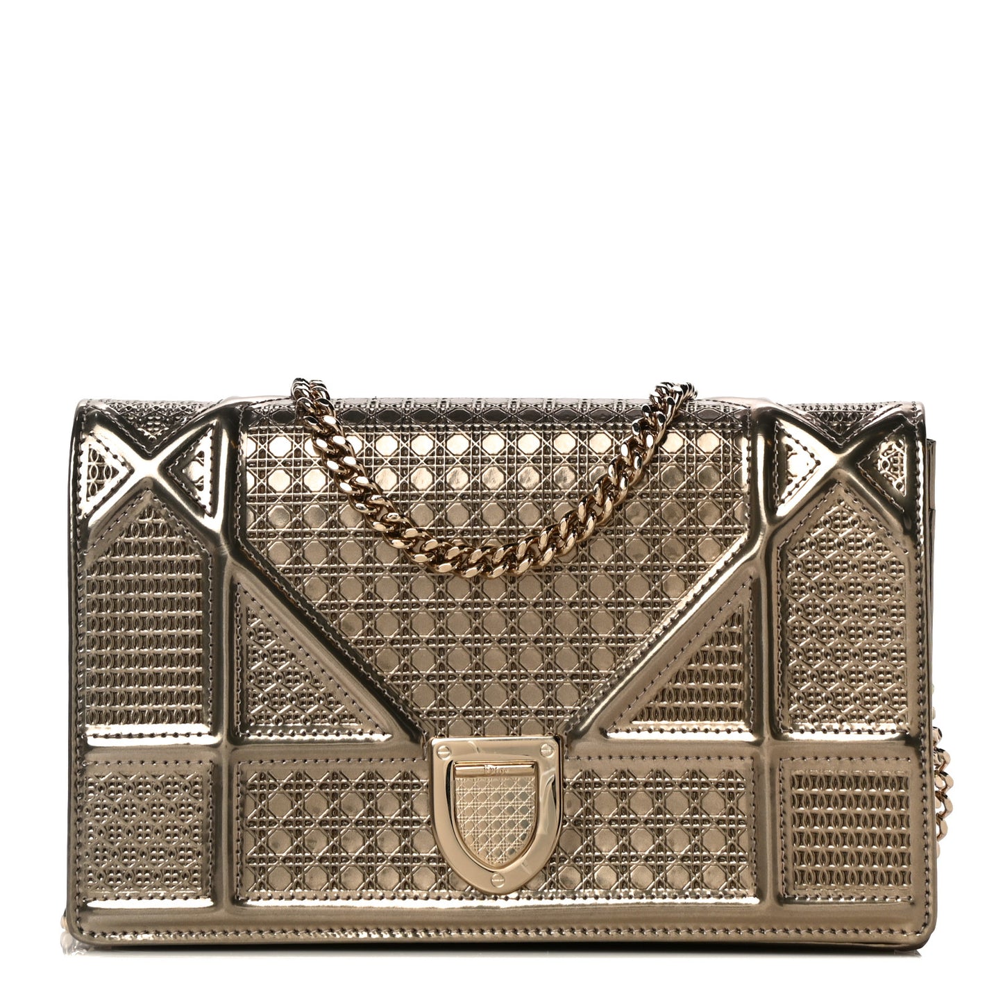 Metallic Patent Micro-Cannage Diorama Wallet on Chain Pouch Gold