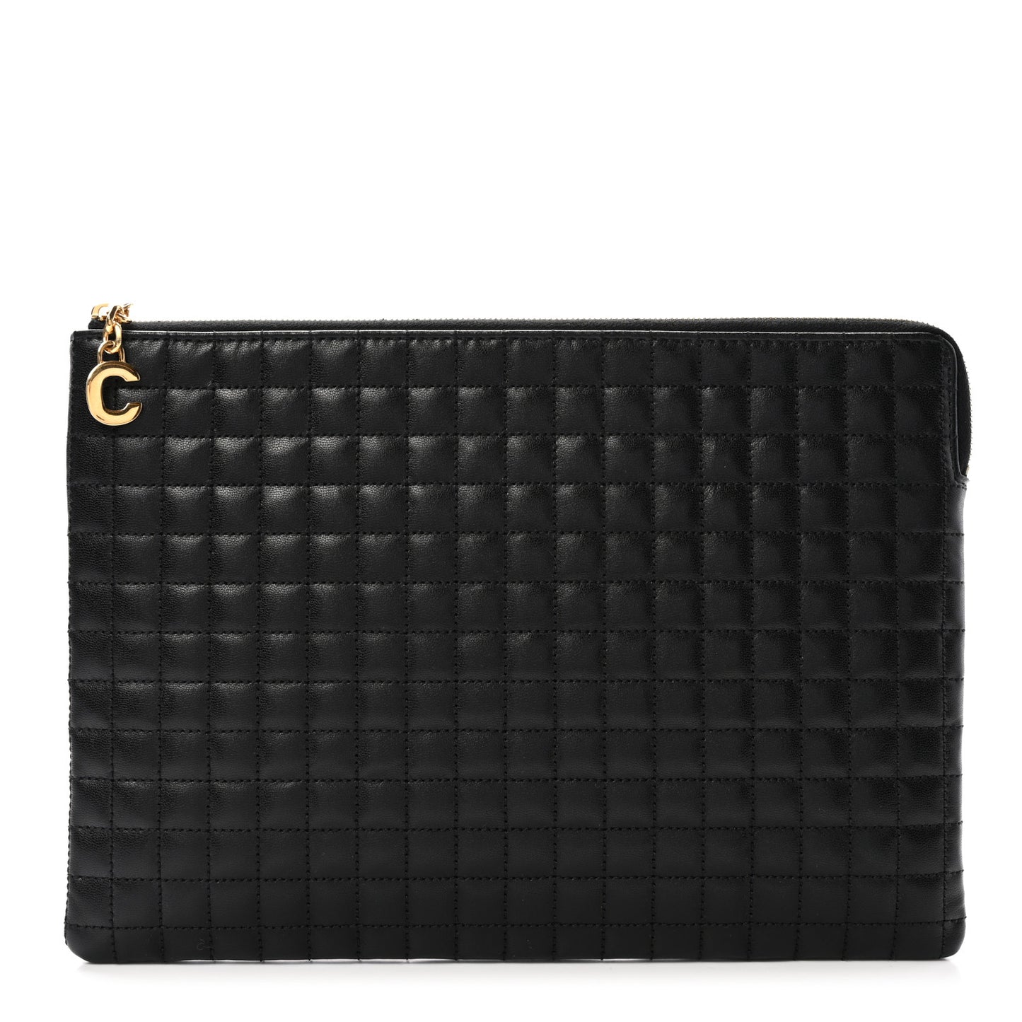Calfskin Quilted C Charm Pouch Black