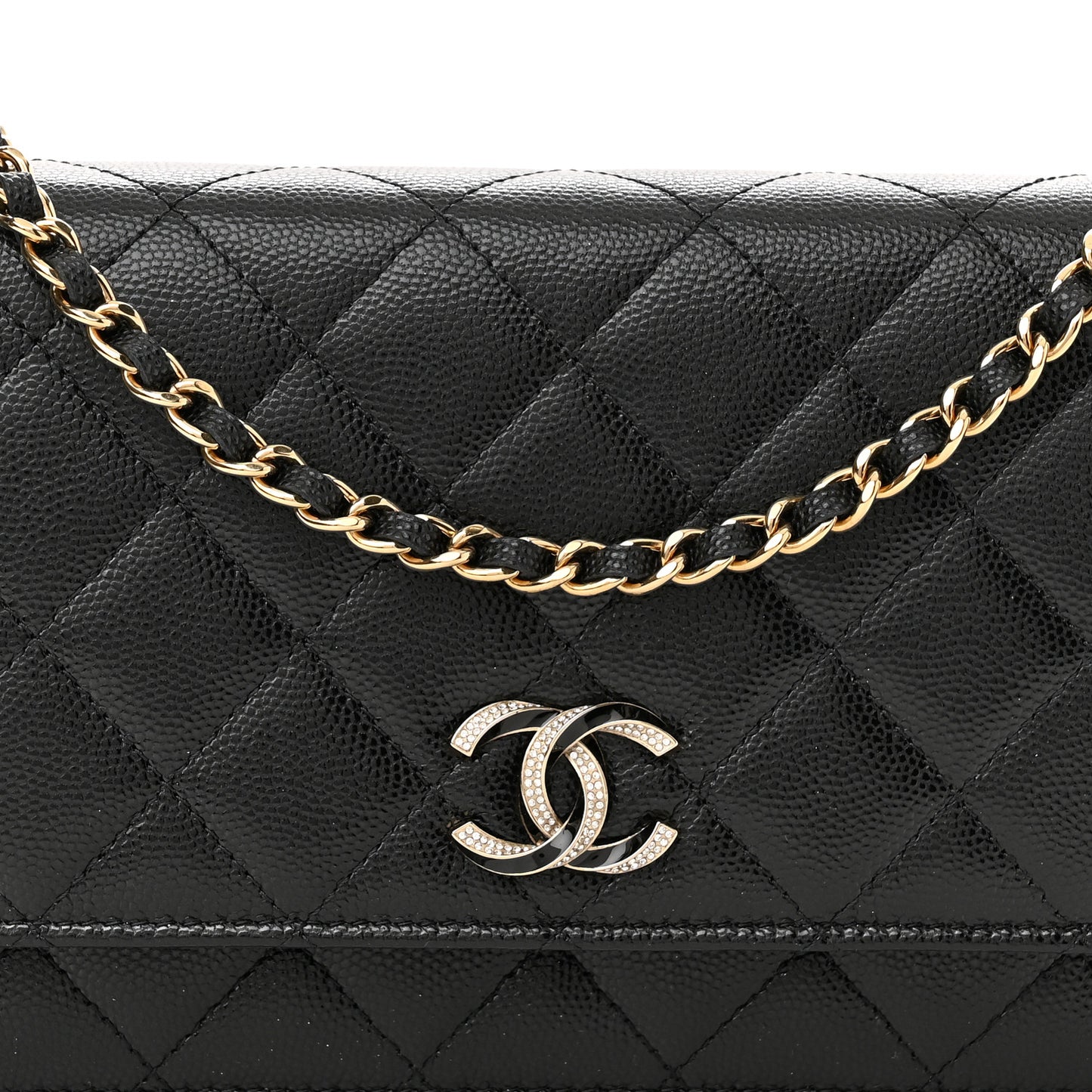 Caviar Quilted Crystal Enamel CC Wallet On Chain WOC Black