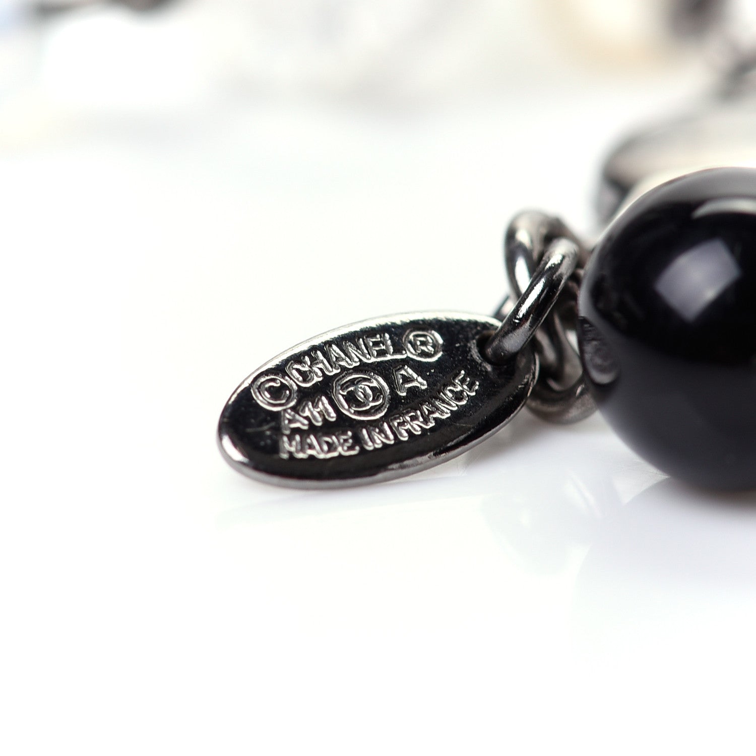 Chanel Pearl Crystal Bead CC Long Necklace Black Silver 5 of 6