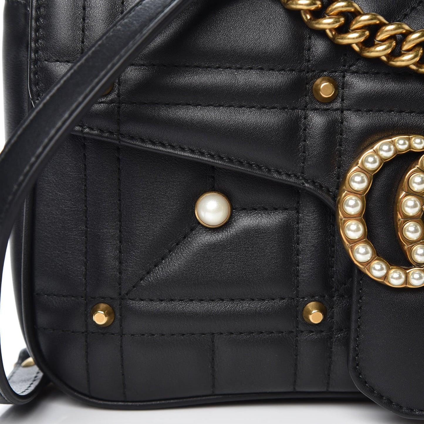 Calfskin Matelasse Studded Small Pearly GG Marmont Shoulder Bag Black