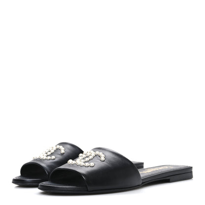 Chanel Lambskin Pearl CC Sandals 37.5 Black 4 of 11