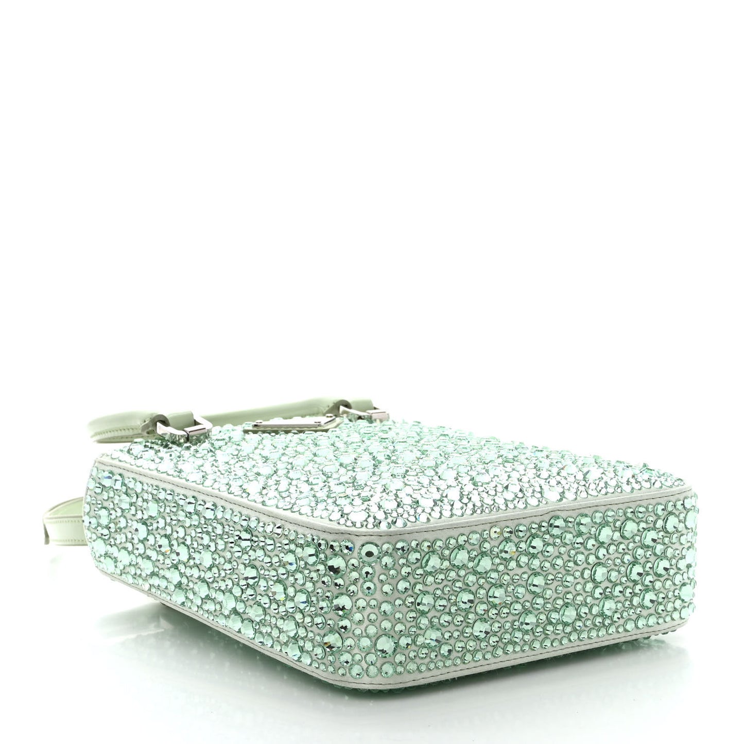 Satin Crystal Metal Triangle Logo Small Double Handle Crossbody Tote Acqua