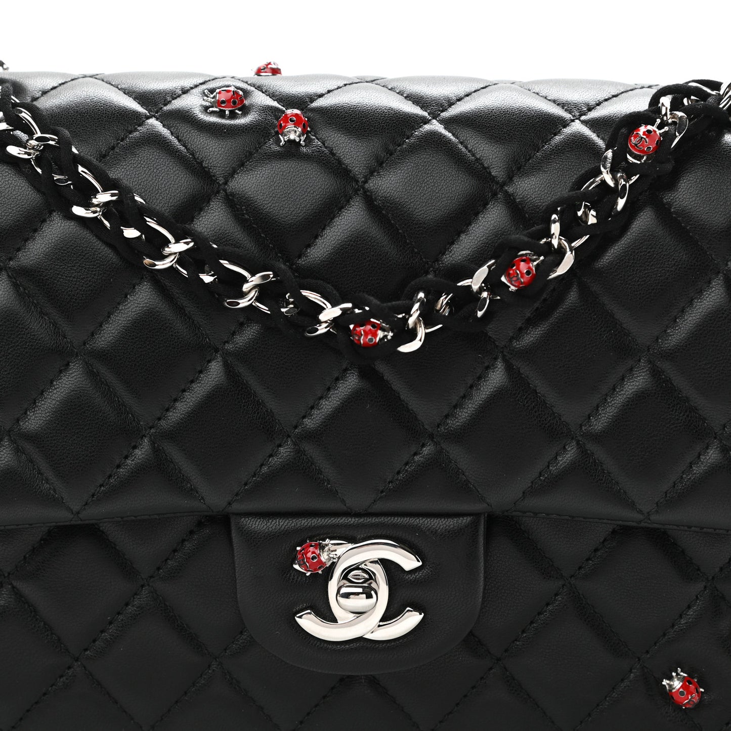 Lambskin Quilted Medium Ladybug Flap Black