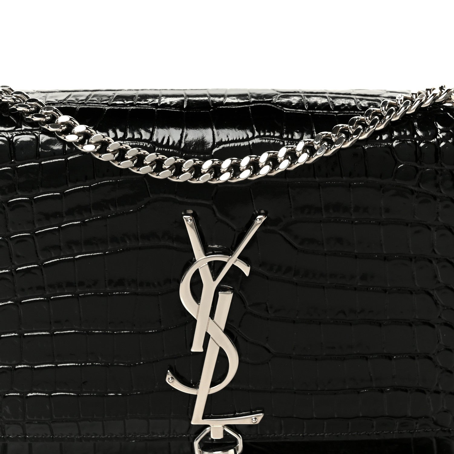 Saint Laurent Calfskin Crocodile Embossed Small Classic Monogram Kate Tassel Satchel Black 9 of 12