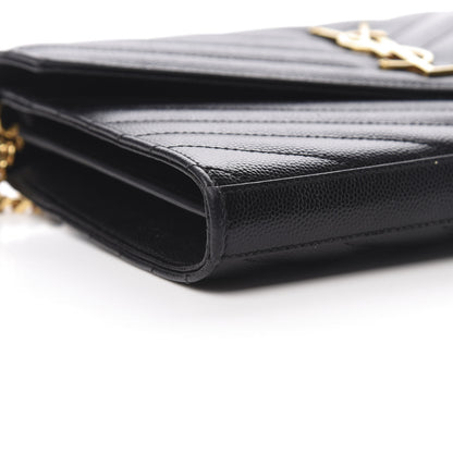 Saint Laurent Grain De Poudre Matelasse Chevron Monogram Chain Wallet Black 10 of 17