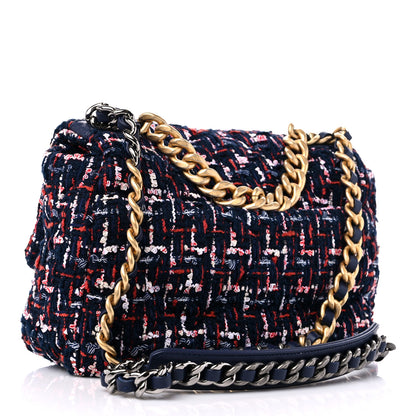Chanel Tweed Quilted Medium Chanel 19 Flap Navy Blue White Red 3 of 9