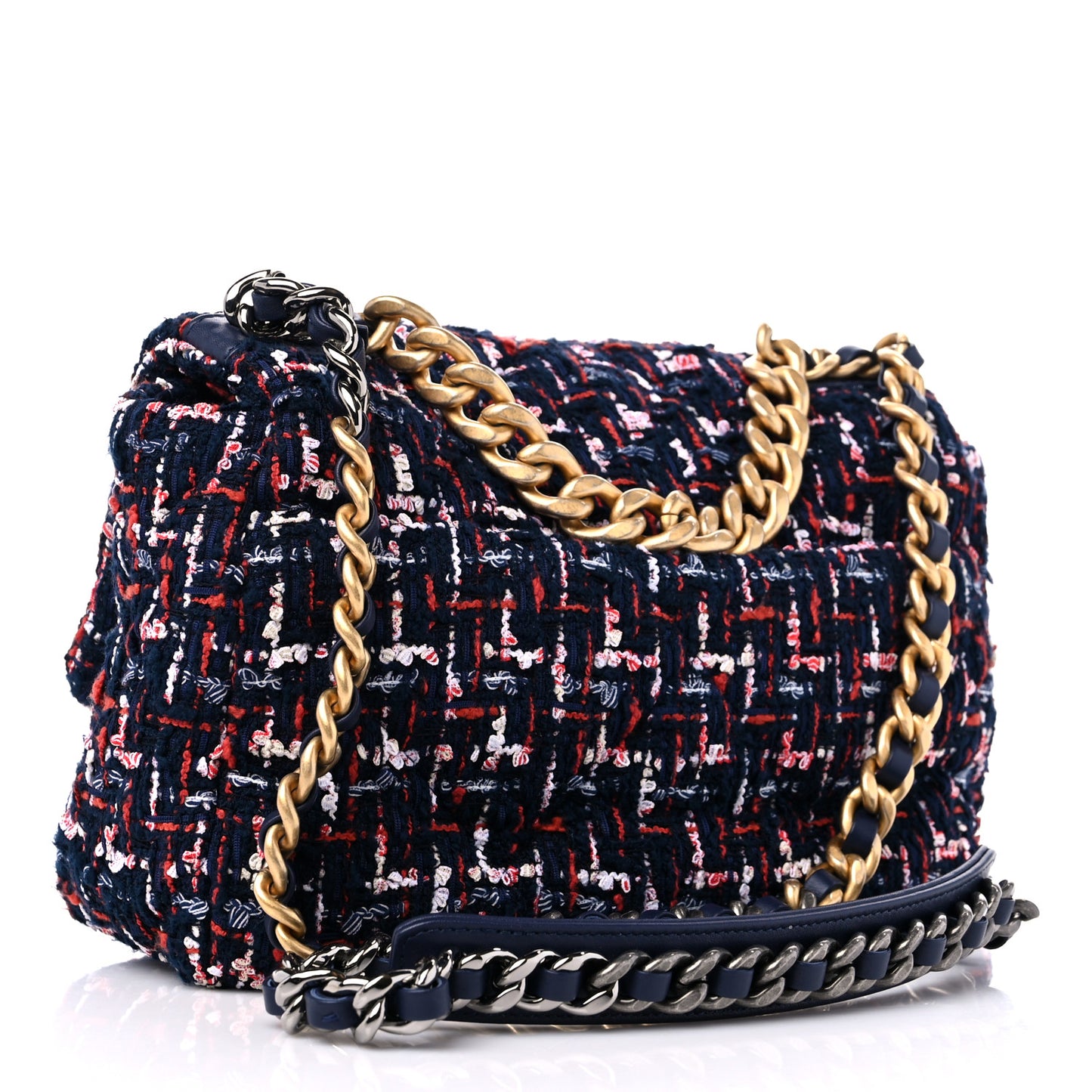 Tweed Quilted Medium Chanel 19 Flap Navy Blue White Red