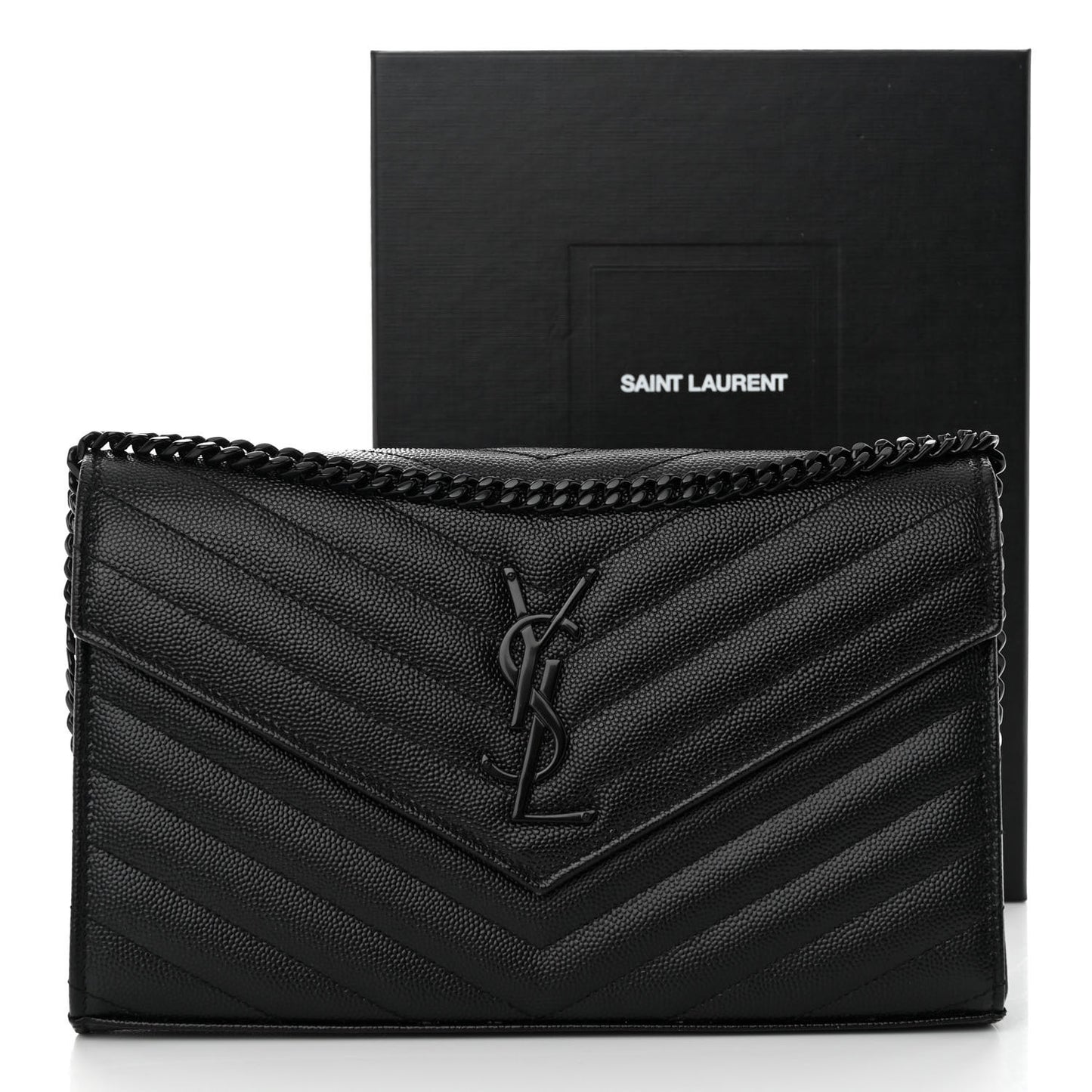 Grain De Poudre Matelasse Chevron Monogram Monochrome Chain Wallet Black