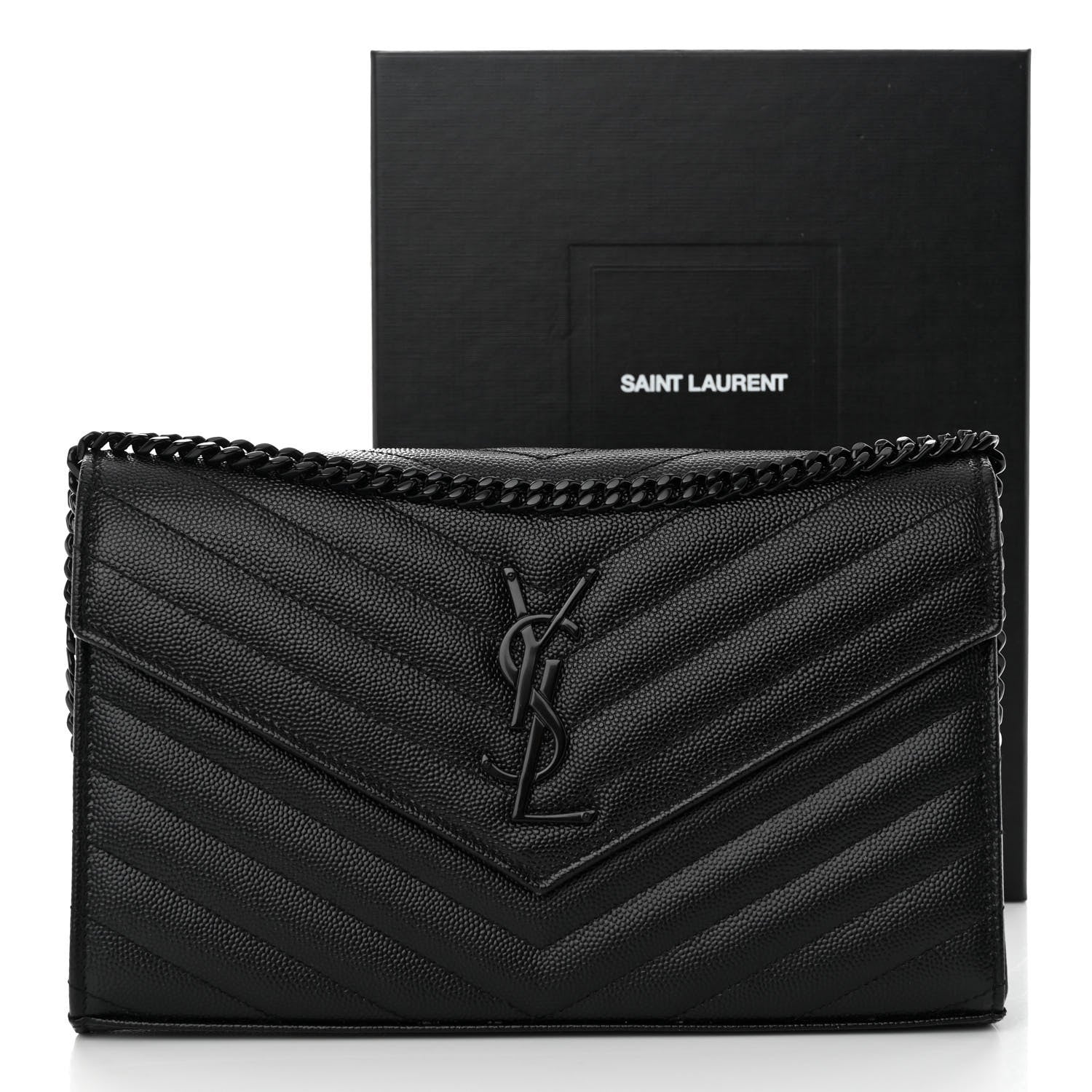 Saint Laurent Grain De Poudre Matelasse Chevron Monogram Monochrome Chain Wallet Black 9 of 9